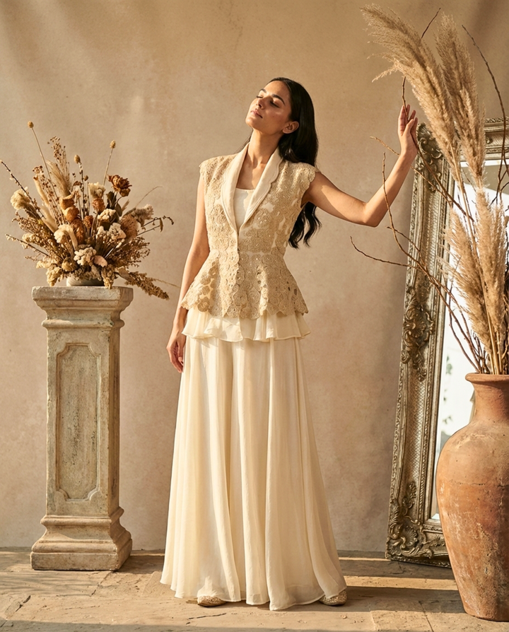 Ivory Embroidered Peplum Jacket with Layered Skirt Set