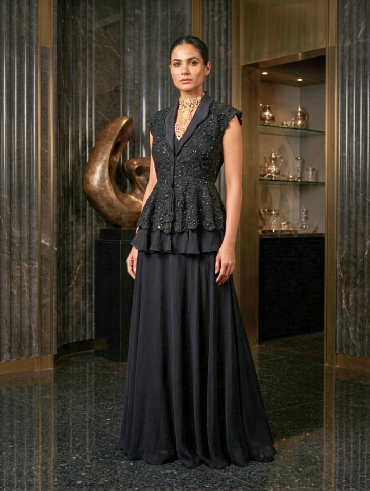 Ivory Embroidered Peplum Jacket with Layered Skirt Set