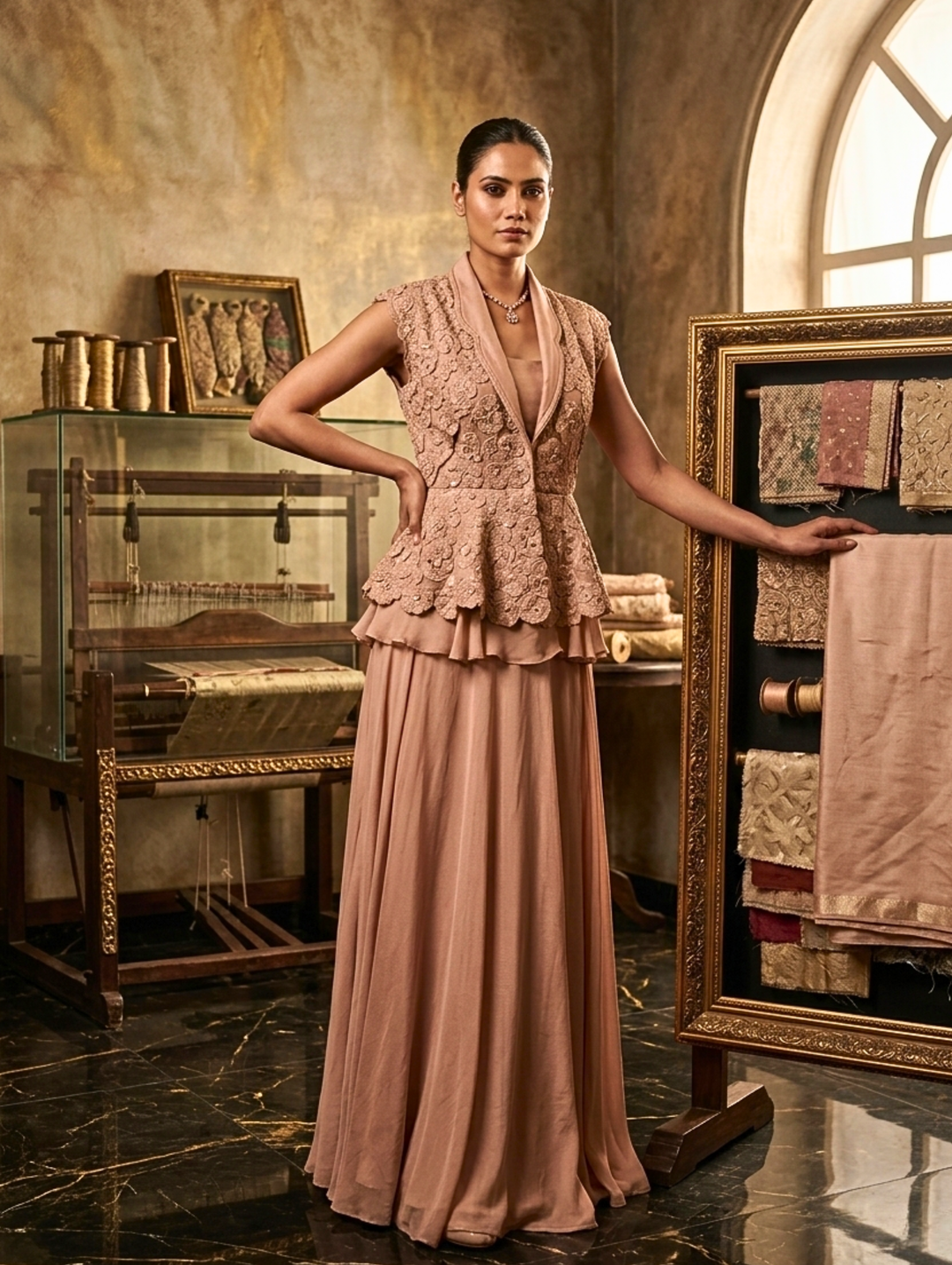 Ivory Embroidered Peplum Jacket with Layered Skirt Set