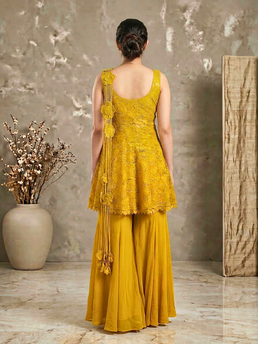 Golden Crochet Lace Peplum Sharara Set