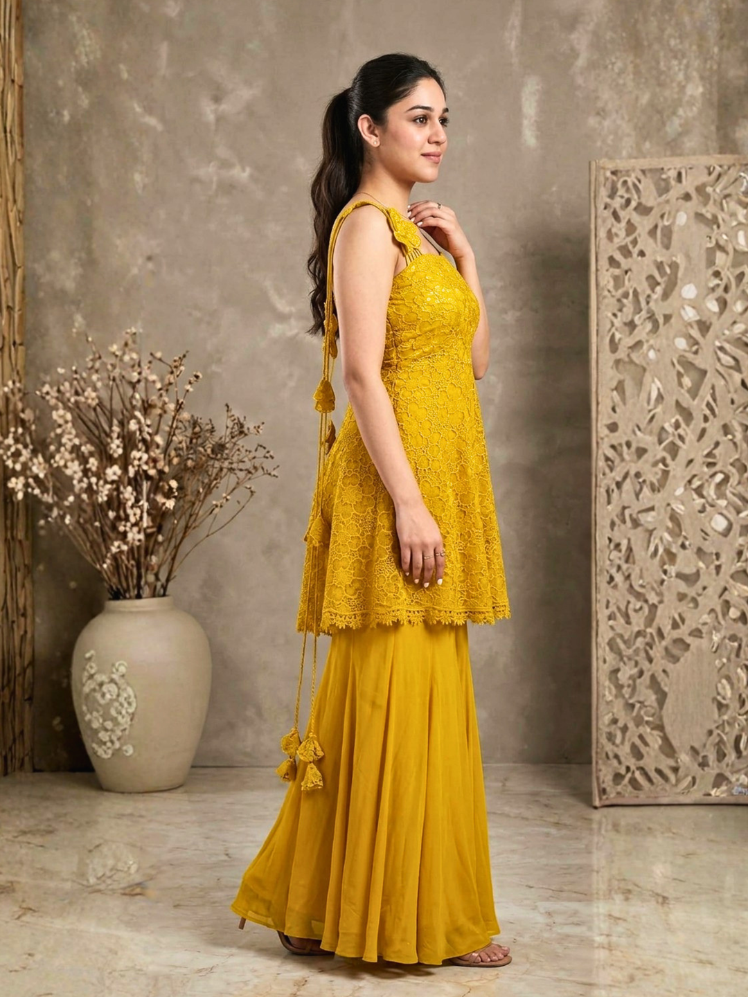 Golden Crochet Lace Peplum Sharara Set