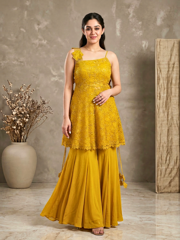 Golden Crochet Lace Peplum Sharara Set