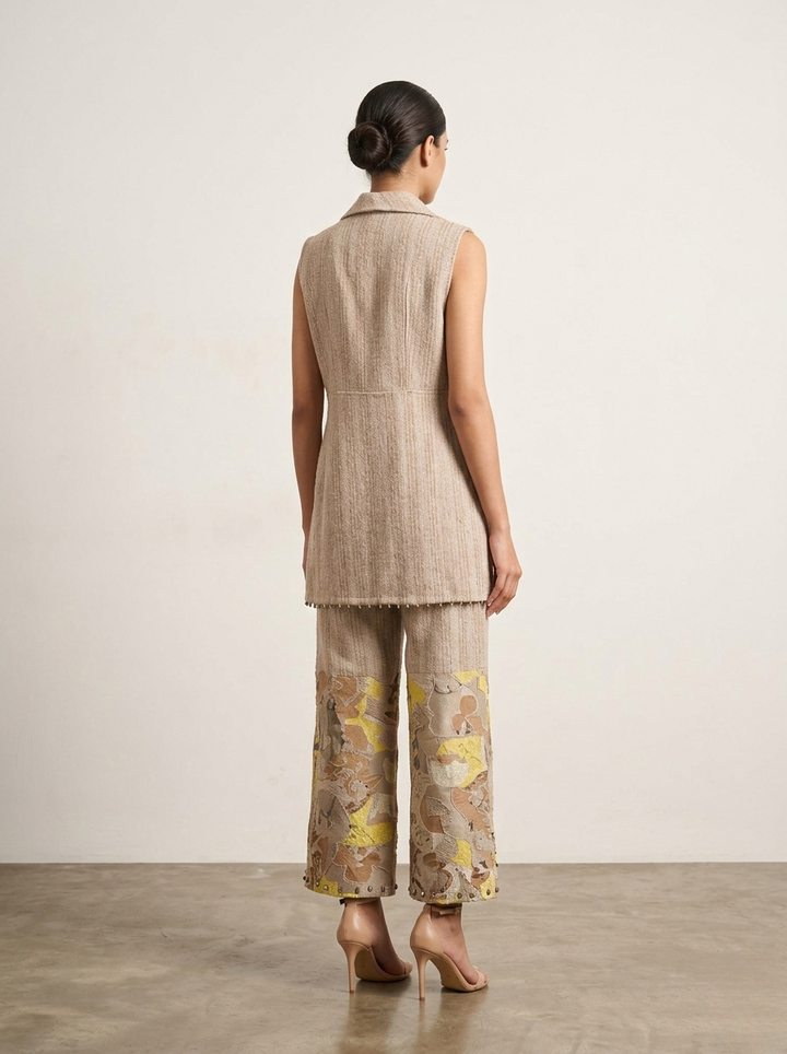 Tribal embroidered crop top and Pant set with a sleeveless jacket