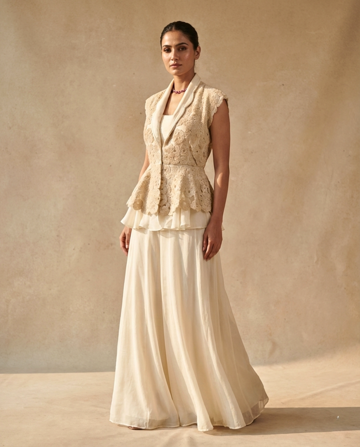 Ivory Embroidered Peplum Jacket with Layered Skirt Set