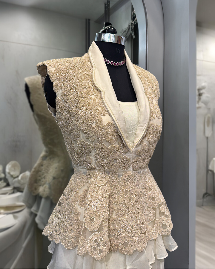 Ivory Embroidered Peplum Jacket with Layered Skirt Set
