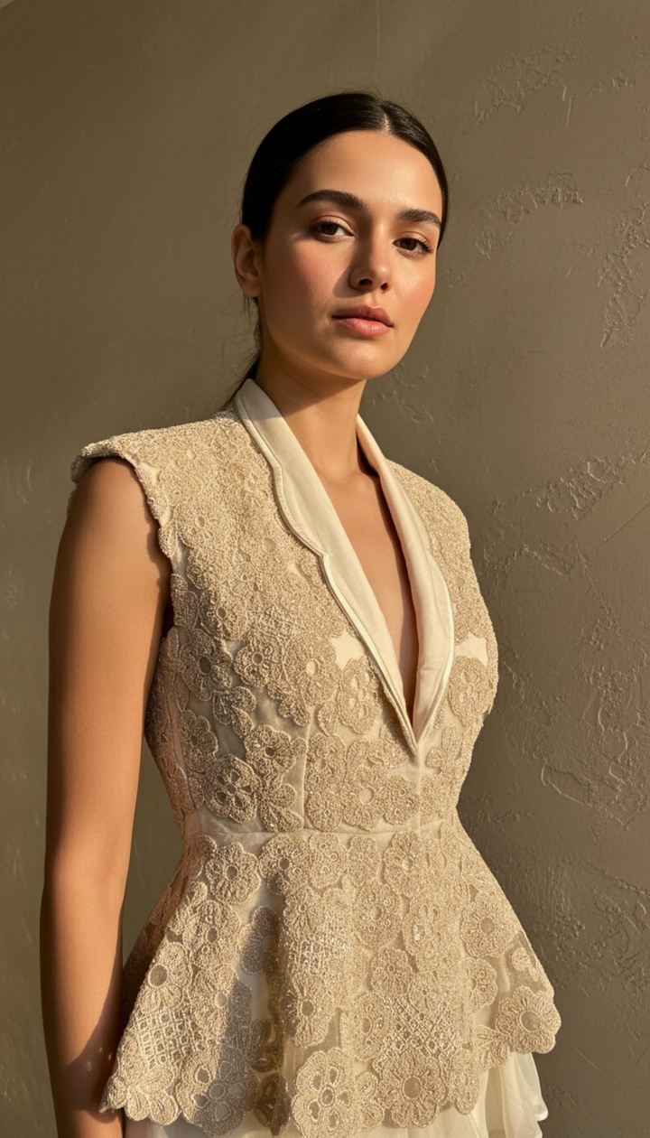 Ivory Embroidered Peplum Jacket with Layered Skirt Set