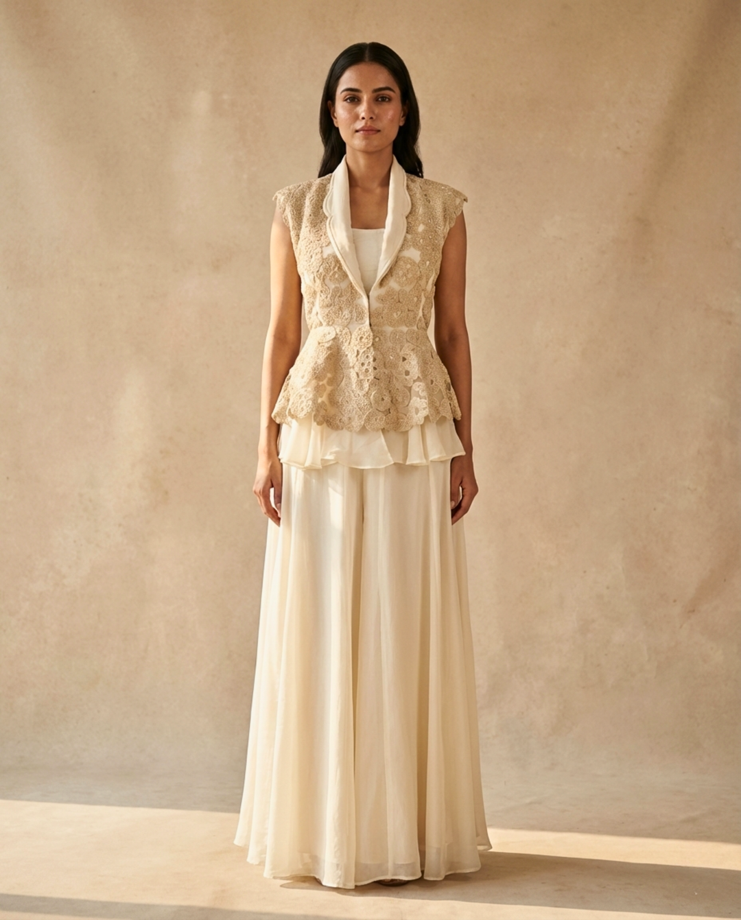 Ivory Embroidered Peplum Jacket with Layered Skirt Set