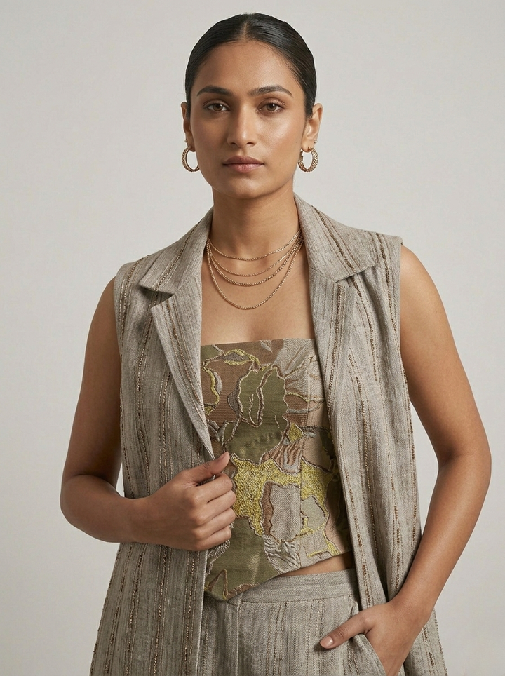 Tribal embroidered crop top and Pant set with a sleeveless jacket