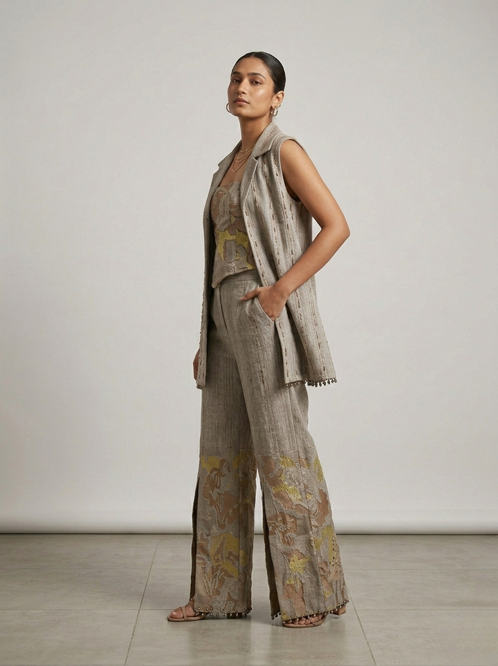 Tribal embroidered crop top and Pant set with a sleeveless jacket