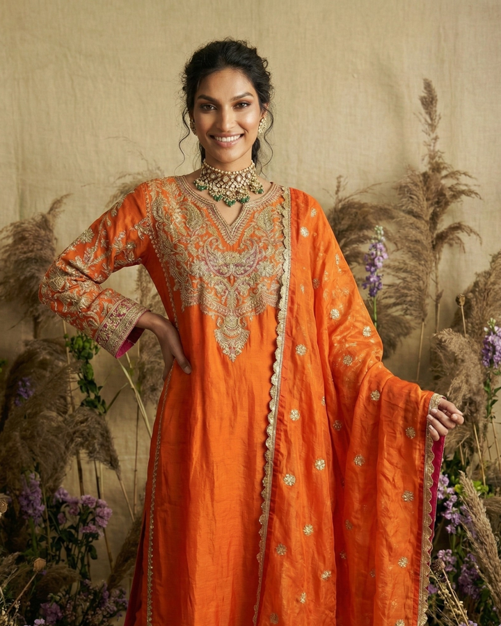 Tangerine Kirandori Embroidered Silk Kurta Set