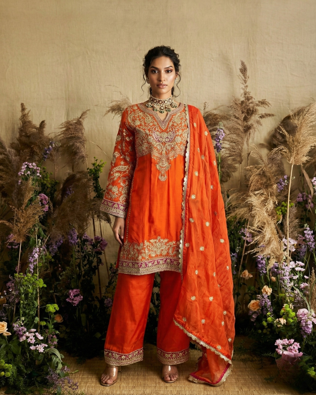 Tangerine Kirandori Embroidered Silk Kurta Set
