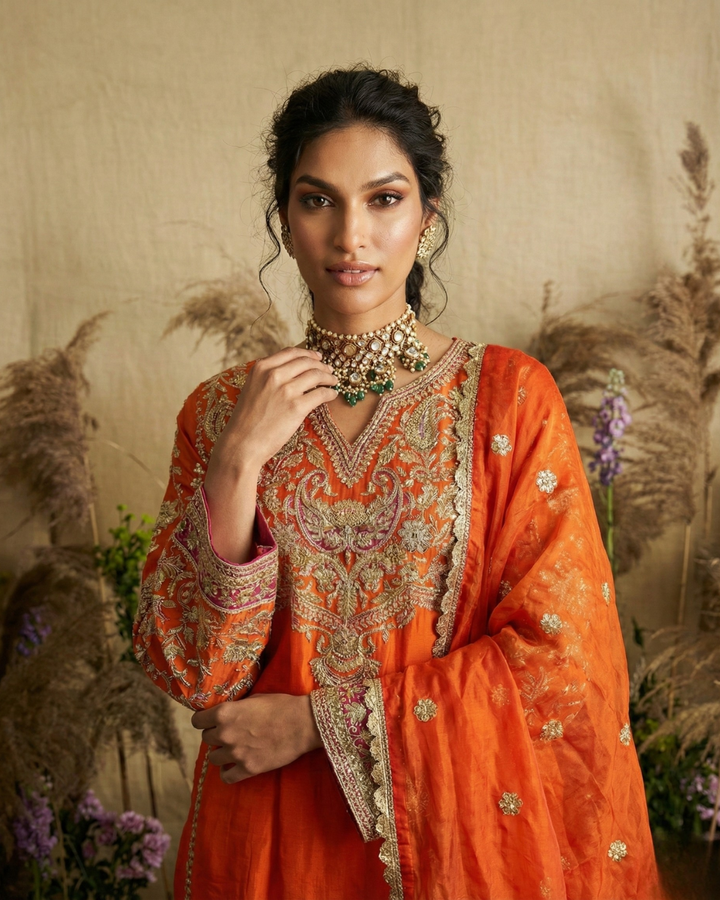 Tangerine Kirandori Embroidered Silk Kurta Set
