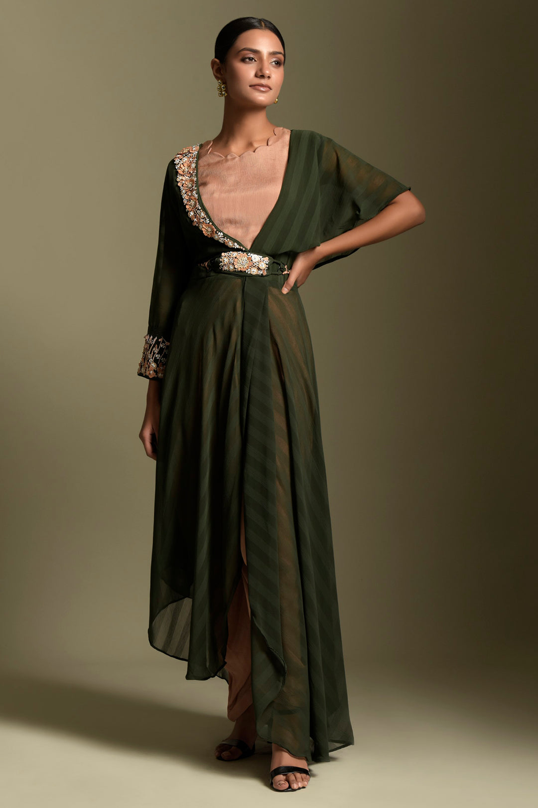 Two Sisters By Gyans Olive Green Chiffon Cape Set Green / Chiffon / XS Two Sisters By Gyans Olive Green Chiffon Cape Set Green / Chiffon / XS
