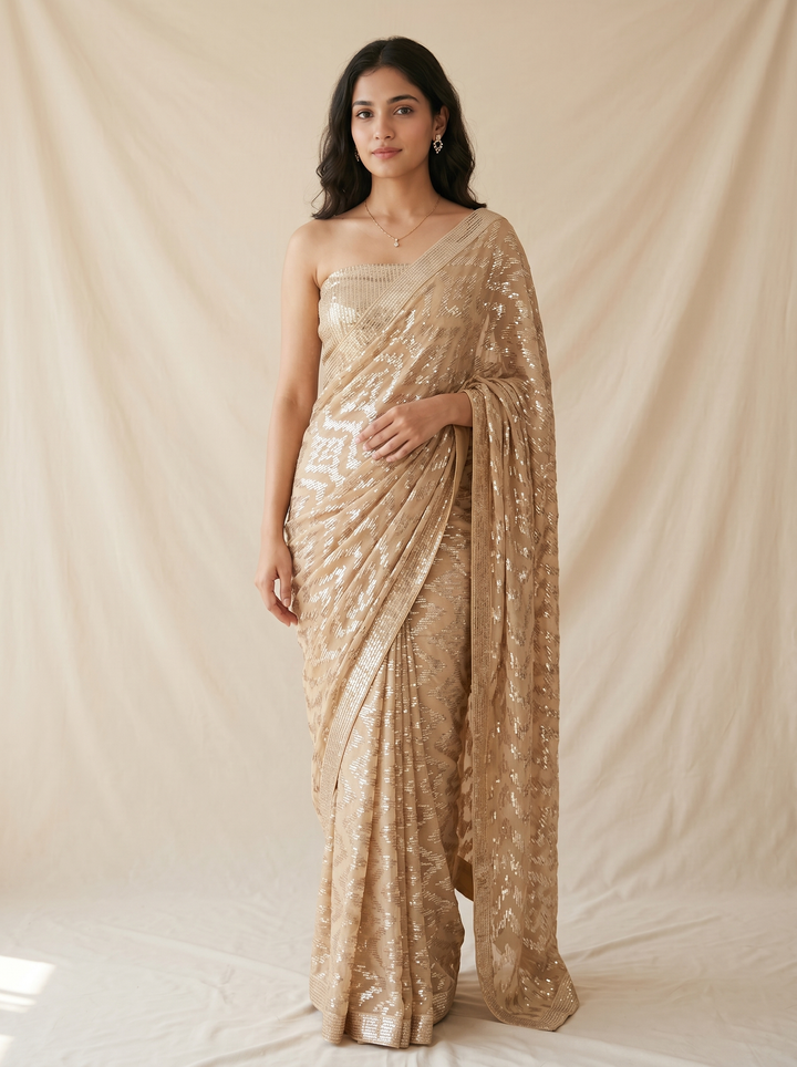 Gold Sequin Embellished Saree with Cut Bead Border and Sequin Blouse (Set of 2)