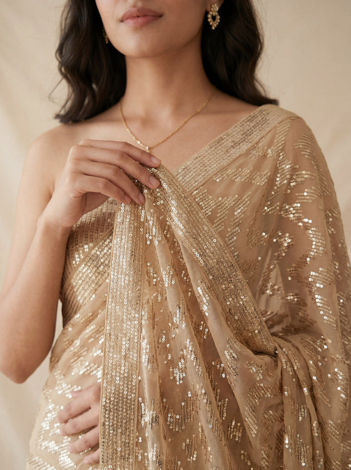 Gold Sequin Embellished Saree with Cut Bead Border and Sequin Blouse (Set of 2)