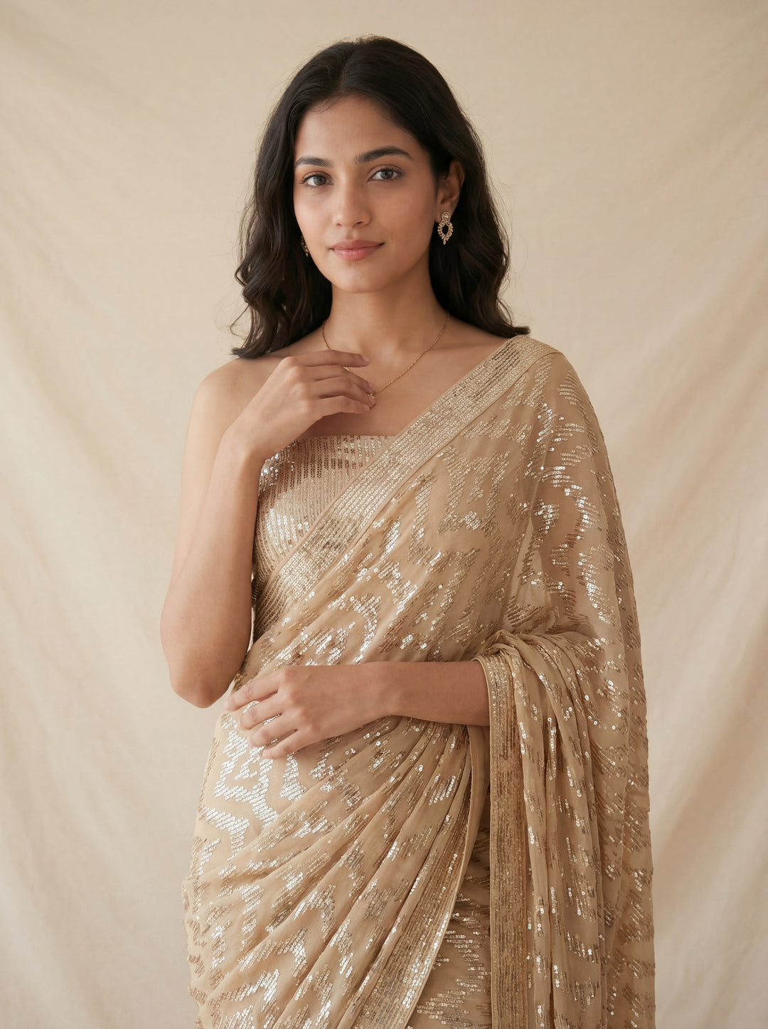 Gold Sequin Embellished Saree with Cut Bead Border and Sequin Blouse (Set of 2)