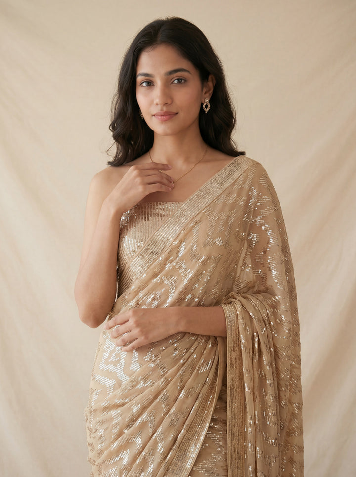 Gold Sequin Embellished Saree with Cut Bead Border and Sequin Blouse (Set of 2)