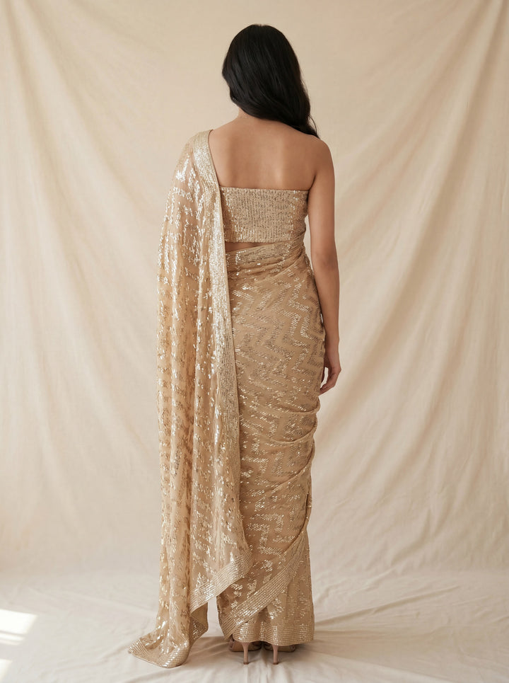 Gold Sequin Embellished Saree with Cut Bead Border and Sequin Blouse (Set of 2)