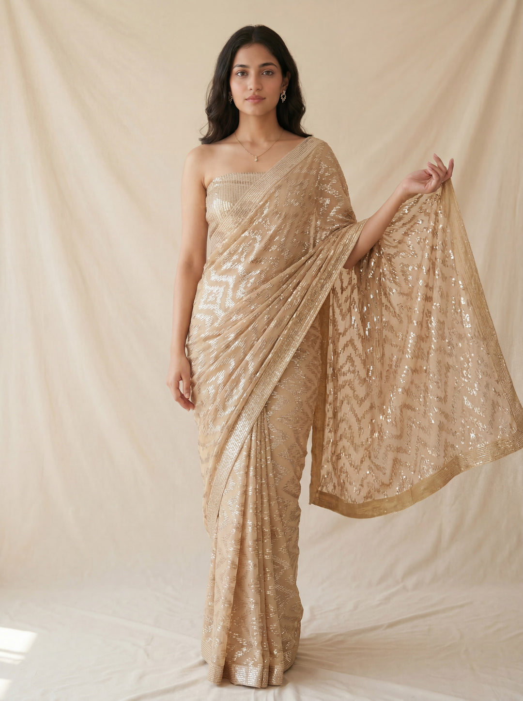 Gold Sequin Embellished Saree with Cut Bead Border and Sequin Blouse (Set of 2)