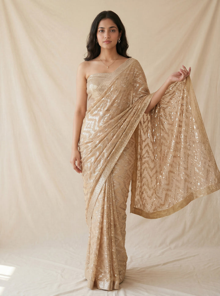 Gold Sequin Embellished Saree with Cut Bead Border and Sequin Blouse (Set of 2)