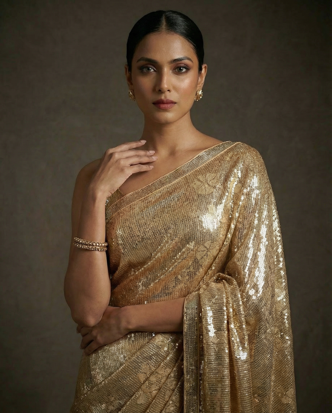 Gold Sequin Embellished Floral Shimmer Saree with Sequin Blouse (Set of 2)