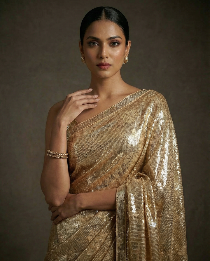 Gold Sequin Embellished Floral Shimmer Saree with Sequin Blouse (Set of 2)