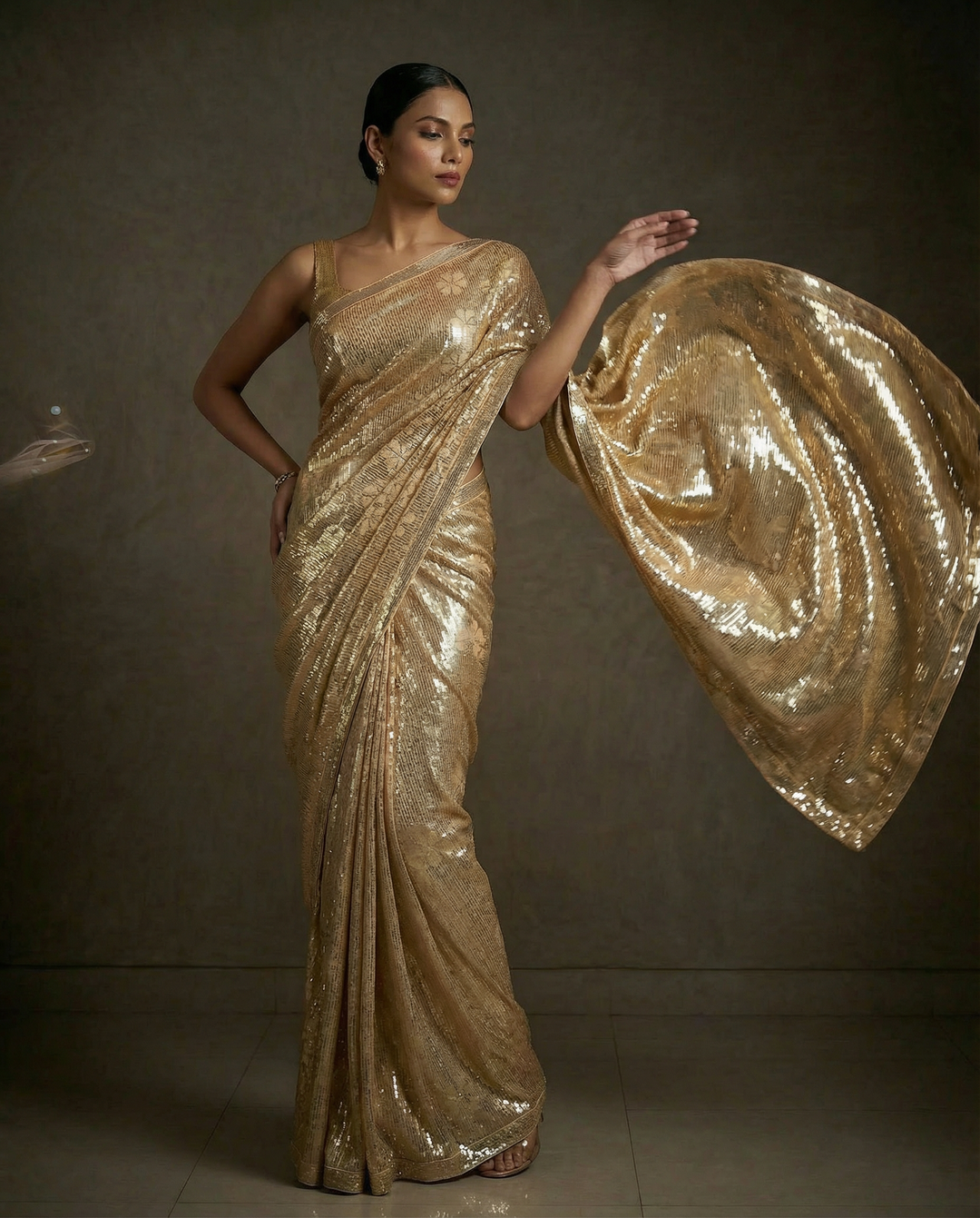 Gold Sequin Embellished Floral Shimmer Saree with Sequin Blouse (Set of 2)