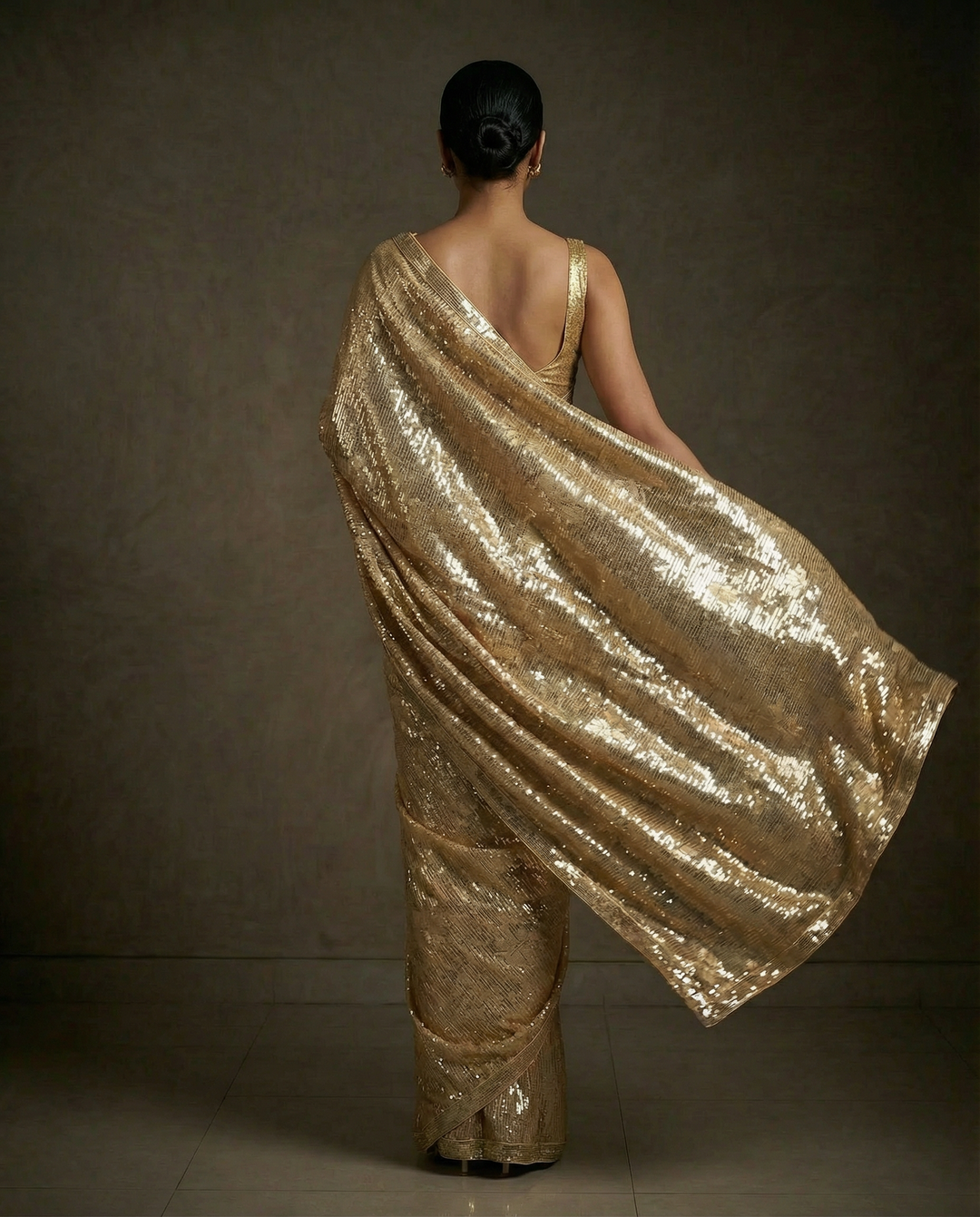 Gold Sequin Embellished Floral Shimmer Saree with Sequin Blouse (Set of 2)