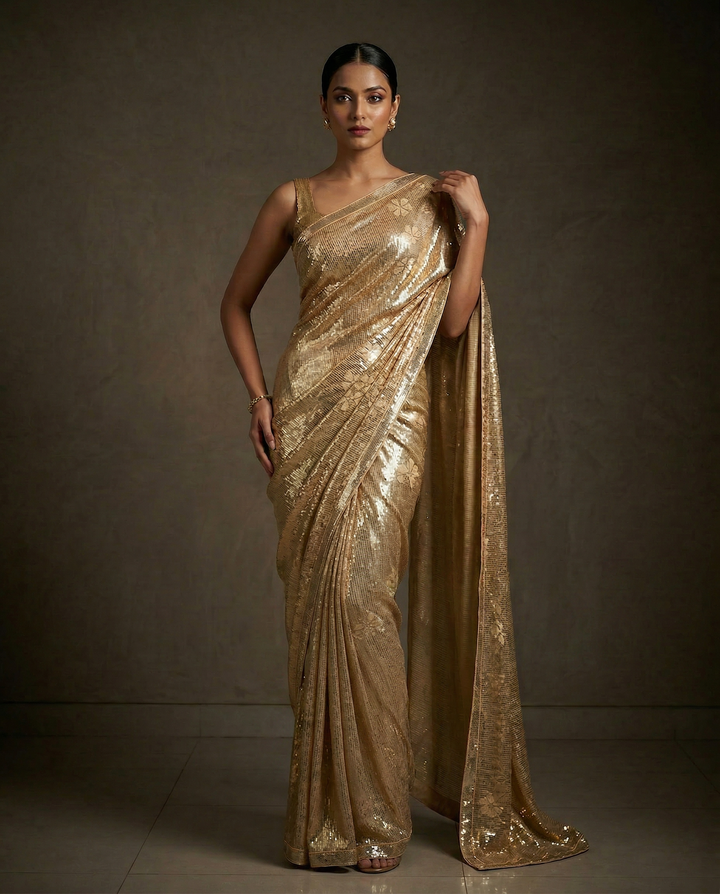 Gold Sequin Embellished Floral Shimmer Saree with Sequin Blouse (Set of 2)