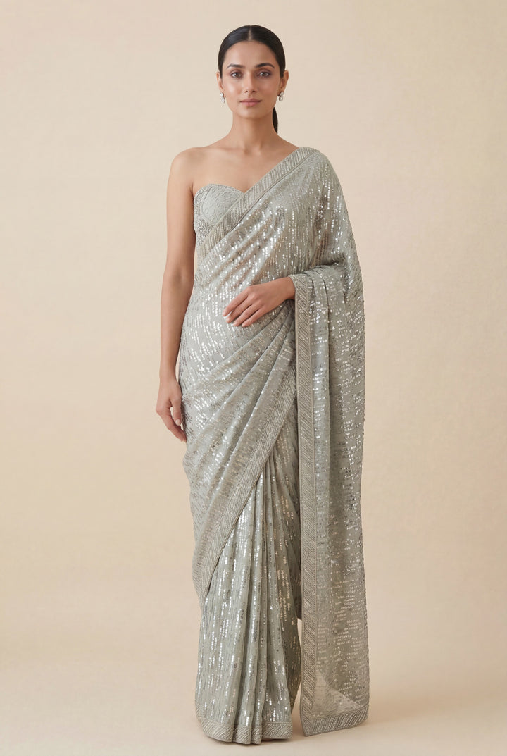 Silver Grey All-Over Sequin Embellished Saree with Unstitched V-Neck Sequin Blouse (Set of 2)