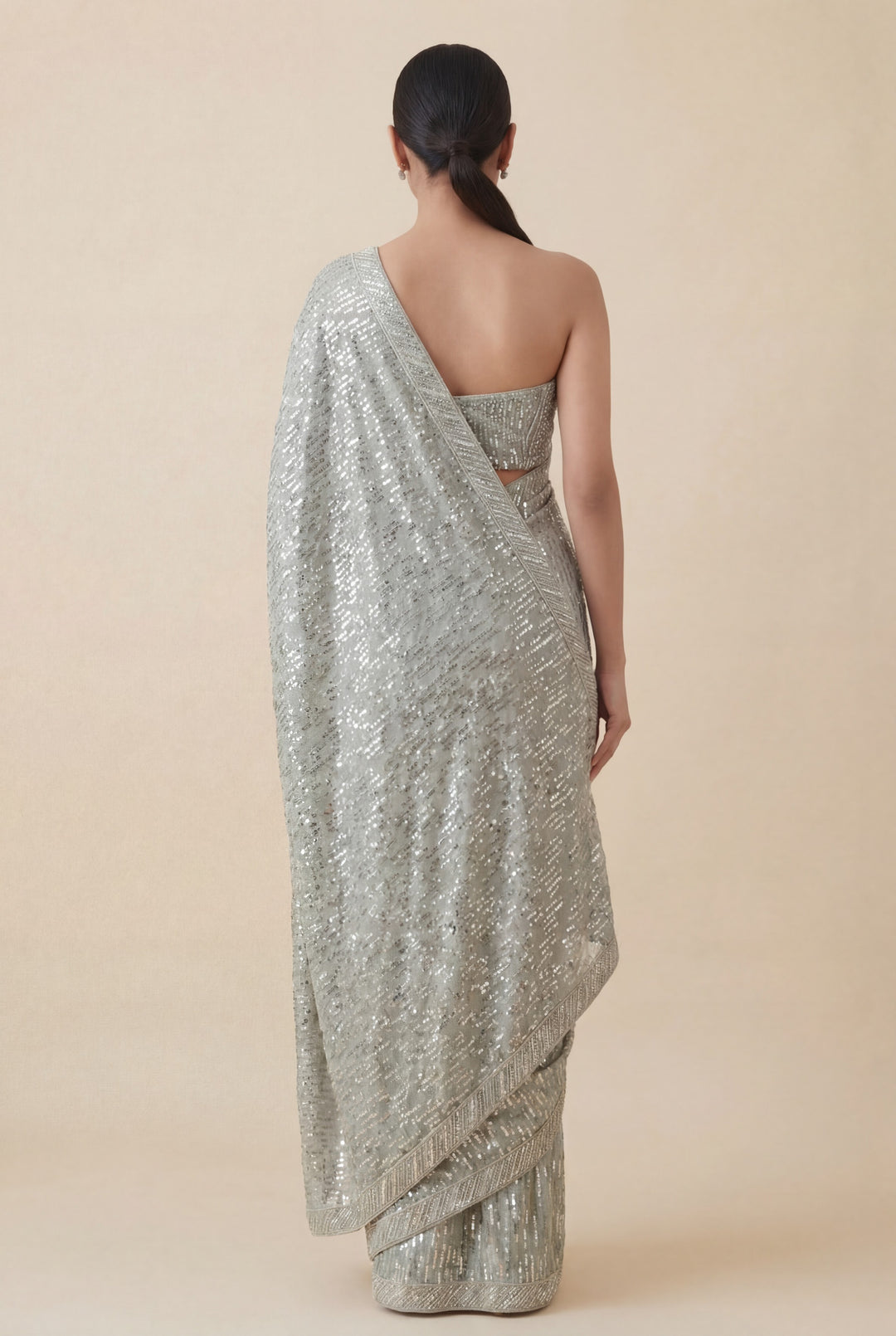 Silver Grey All-Over Sequin Embellished Saree with Unstitched V-Neck Sequin Blouse (Set of 2)