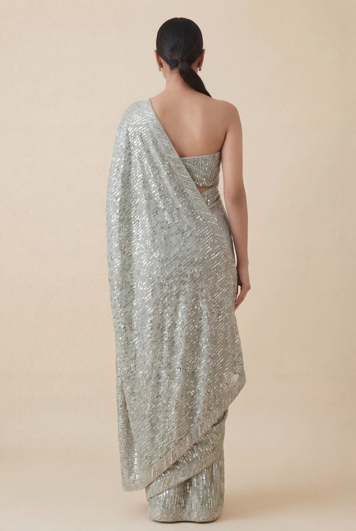 Silver Grey All-Over Sequin Embellished Saree with Unstitched V-Neck Sequin Blouse (Set of 2)
