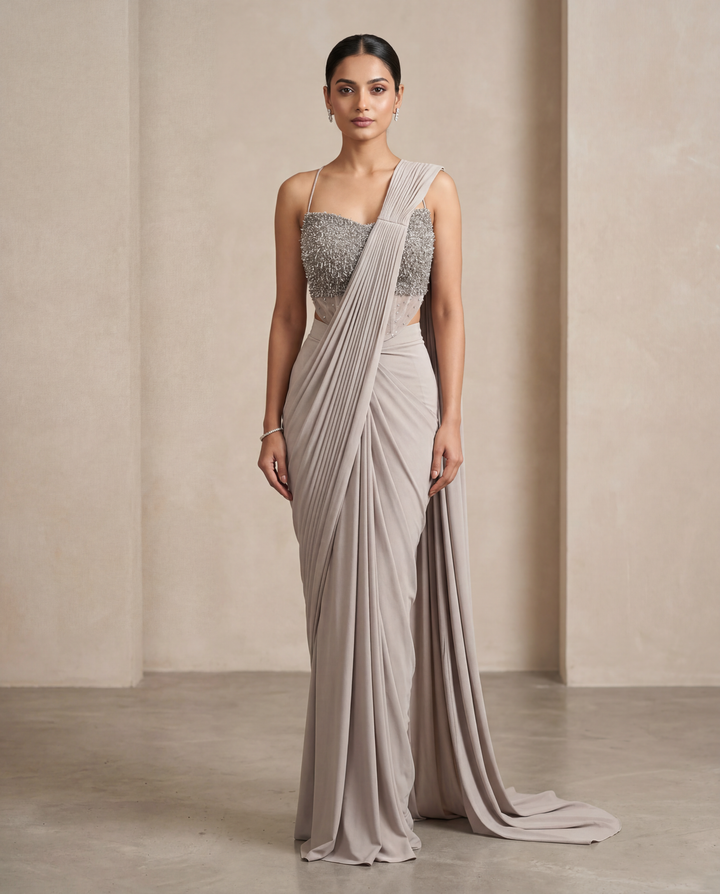 Grey Pre-Draped Lycra Saree with Handworked Co-Ord Blouse (Set of 2)
