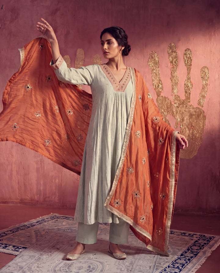 Grey Mul Chanderi Embroidered Kurta Set