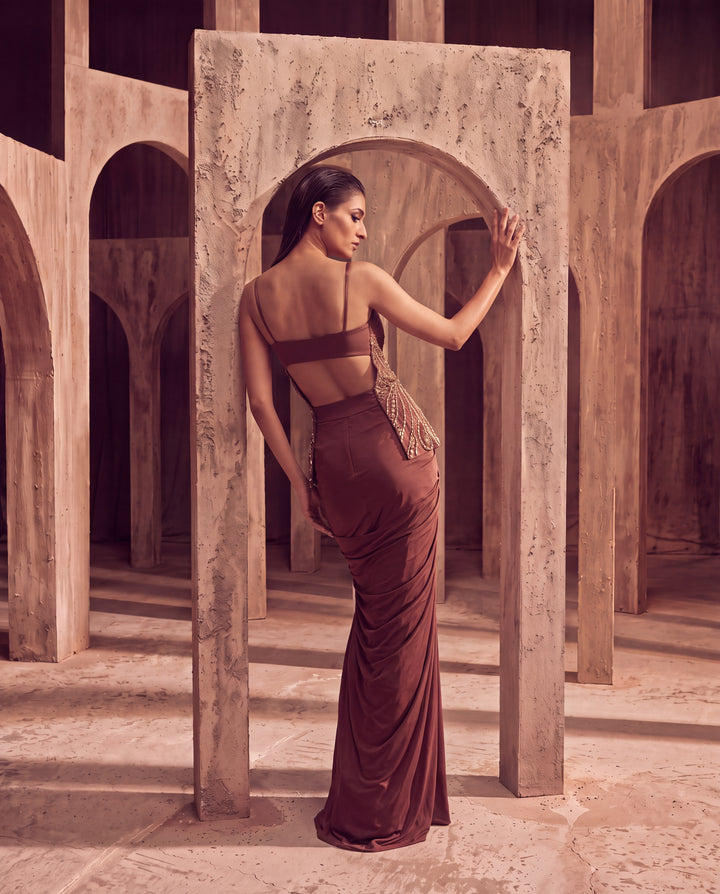 Chocolate Brown Draped Embellished Gown