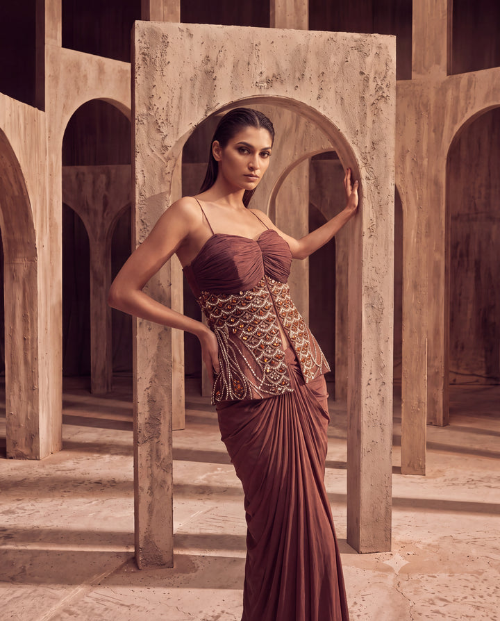 Chocolate Brown Draped Embellished Gown