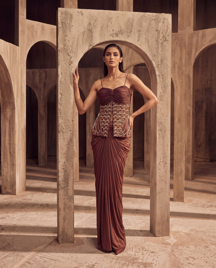 Chocolate Brown Draped Embellished Gown
