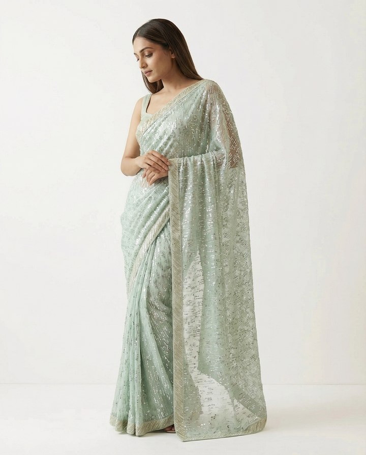 Sea Green Sequin Embellished Georgette Saree with Hand-Embroidered Motif Blouse (Set of 2)