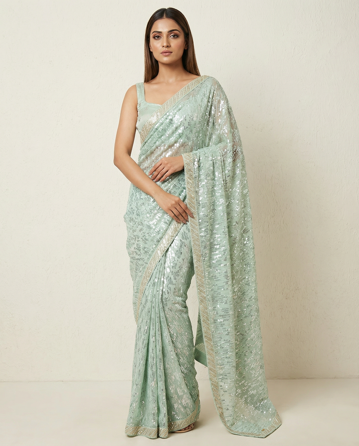 Sea Green Sequin Embellished Georgette Saree with Hand-Embroidered Motif Blouse (Set of 2)