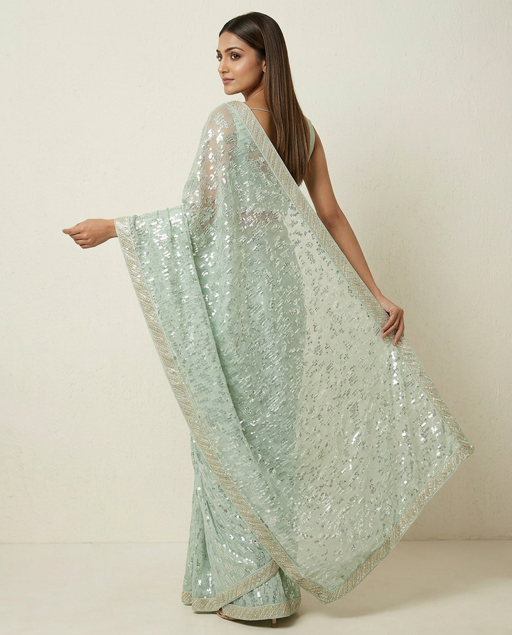 Sea Green Sequin Embellished Georgette Saree with Hand-Embroidered Motif Blouse (Set of 2)