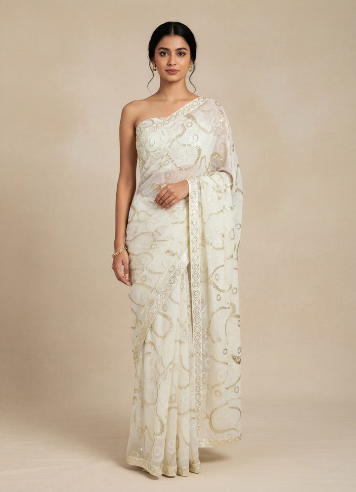 Ivory & Gold Sequin Embellished Abstract Pattern Saree with Unstitched Blouse (Set of 2)