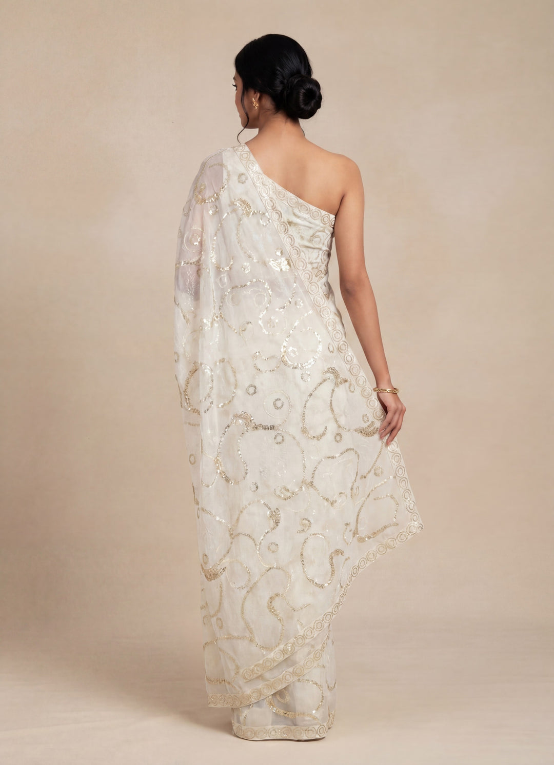 Ivory & Gold Sequin Embellished Abstract Pattern Saree with Unstitched Blouse (Set of 2)