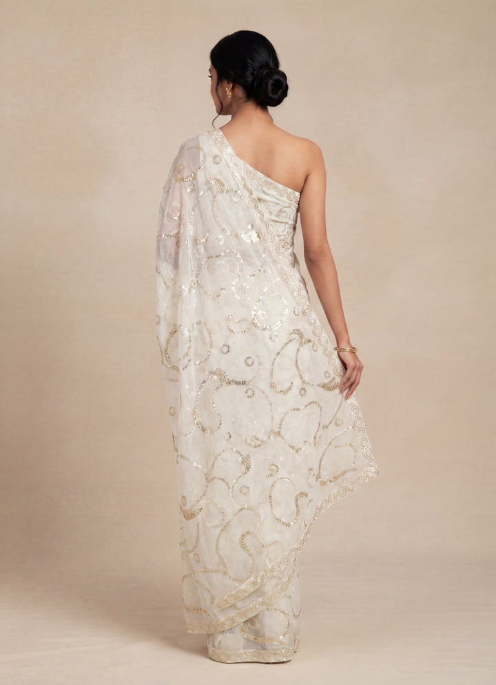 Ivory & Gold Sequin Embellished Abstract Pattern Saree with Unstitched Blouse (Set of 2)