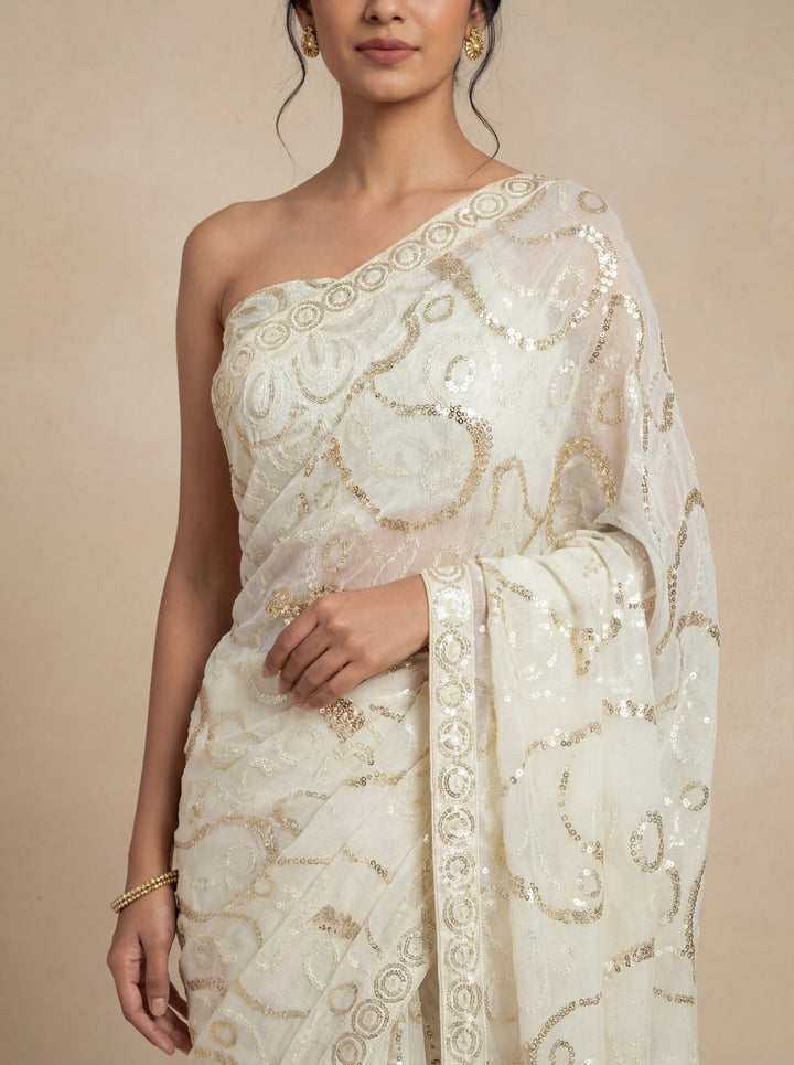Ivory & Gold Sequin Embellished Abstract Pattern Saree with Unstitched Blouse (Set of 2)