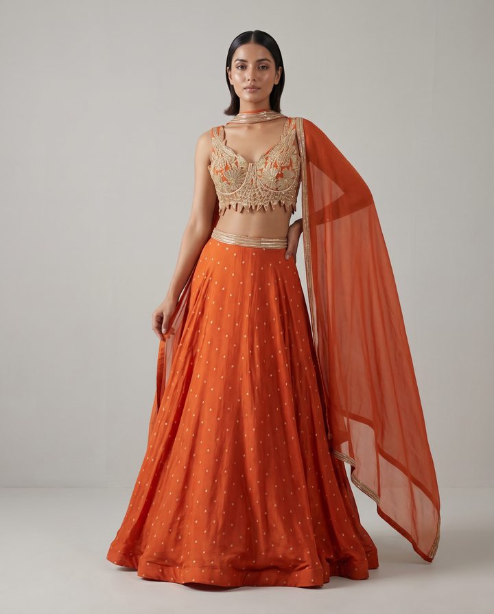 Orange Embellished Lehenga Set with Cutworked Blouse