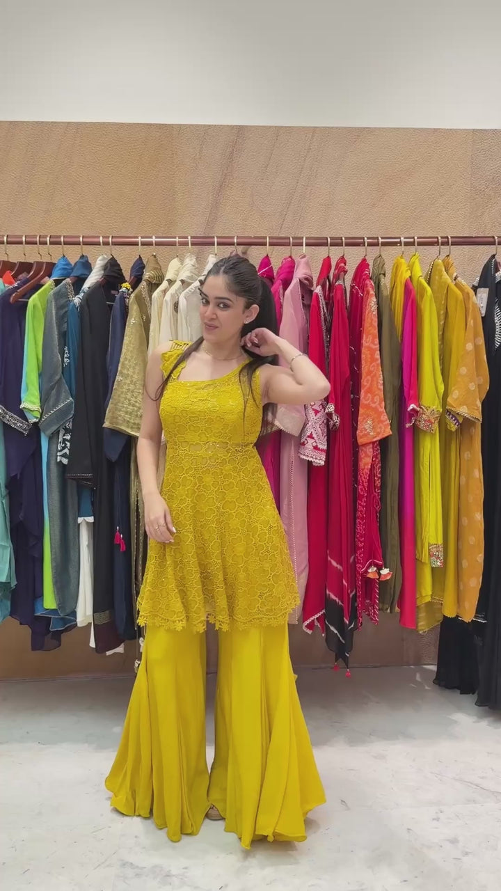 Golden Crochet Lace Peplum Sharara Set