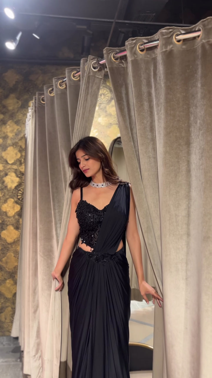 Black Hand Embroidered Pre-Draped Saree Set with Intricate Cutdana Work