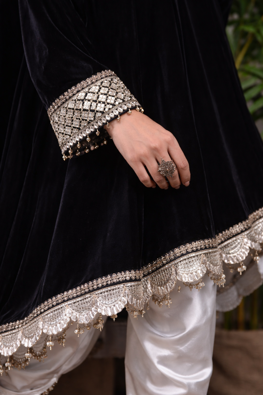 Black Velvet Circular Kurta with Tulip Pants