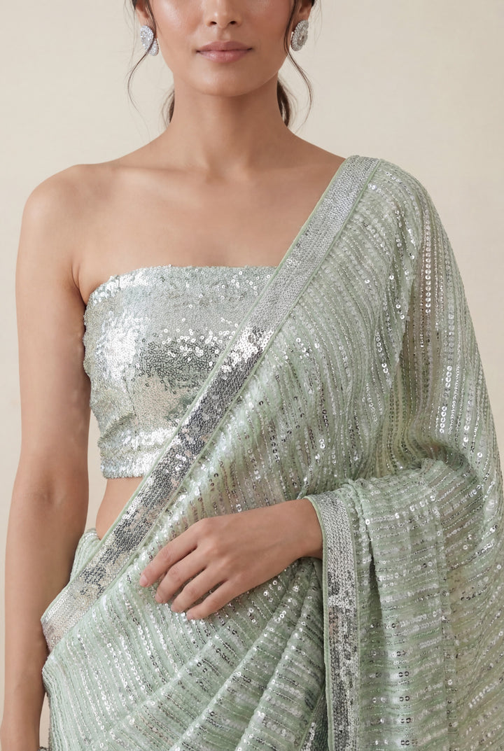 Mint Green Sequins Saree with Border