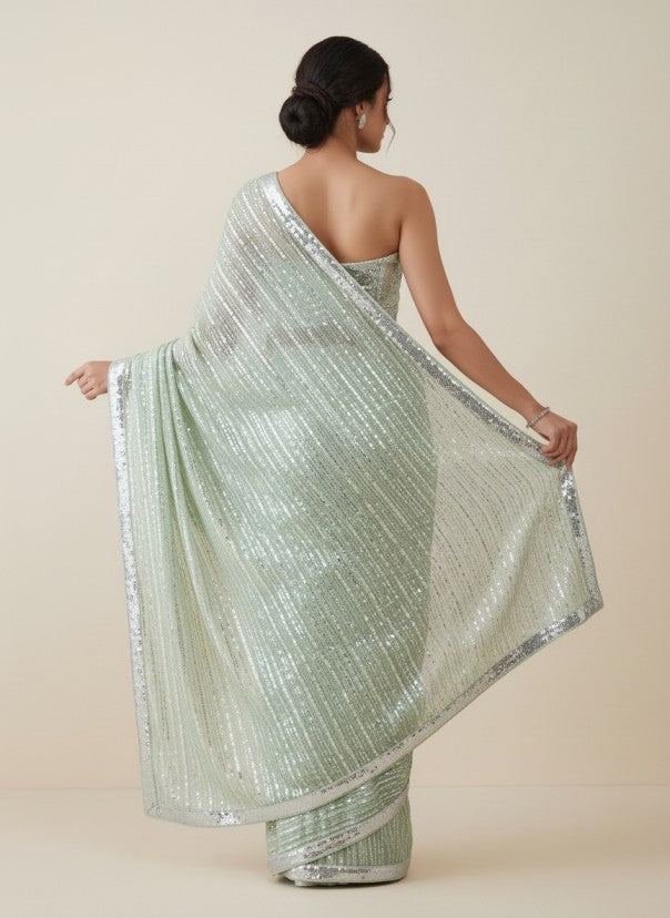 Mint Green Sequins Saree with Border